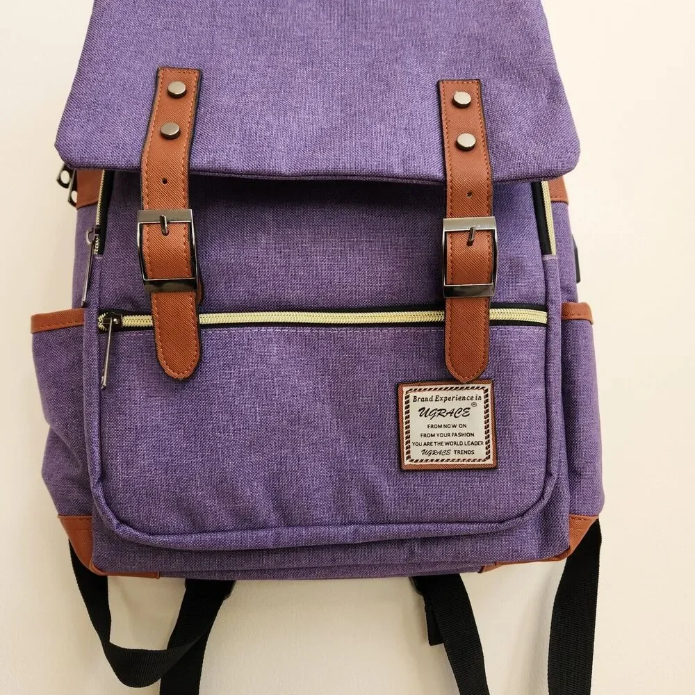 UGrace Backpack Laptop Travel ~ USB Charging Port Purple Canvas Water Resistant.